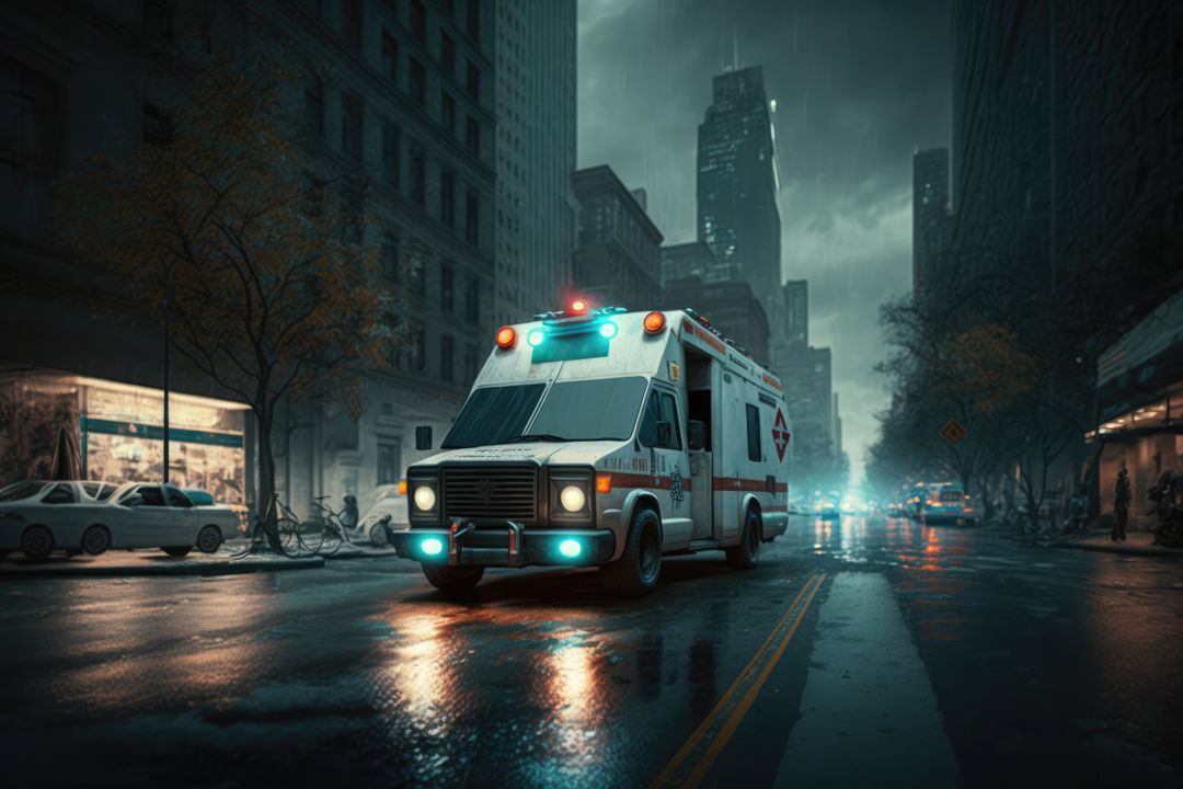 Ambulance driving in city street with clouded sky, created using generative ai technology - Free Images, Stock Photos and Pictures on Pikwizard.com