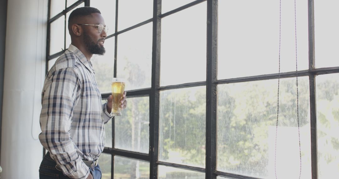 Man Relaxing Break Workplace Drink Beer Looking Window