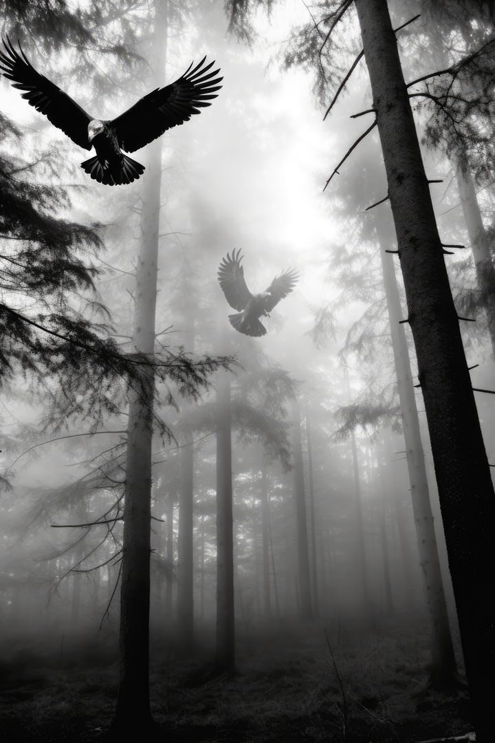 Two eagles soar amidst a misty forest, evoking a sense of mystery - Free Images, Stock Photos and Pictures on Pikwizard.com