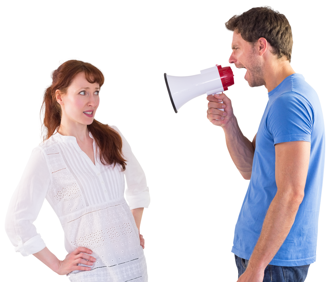 Man Shouting Through Megaphone at Woman on Transparent Background - Download Free Stock Images Pikwizard.com