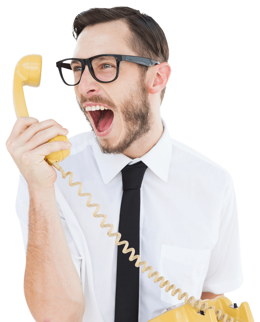 Retro Geek Businessman Shouting with Yellow Phone on Transparent Background