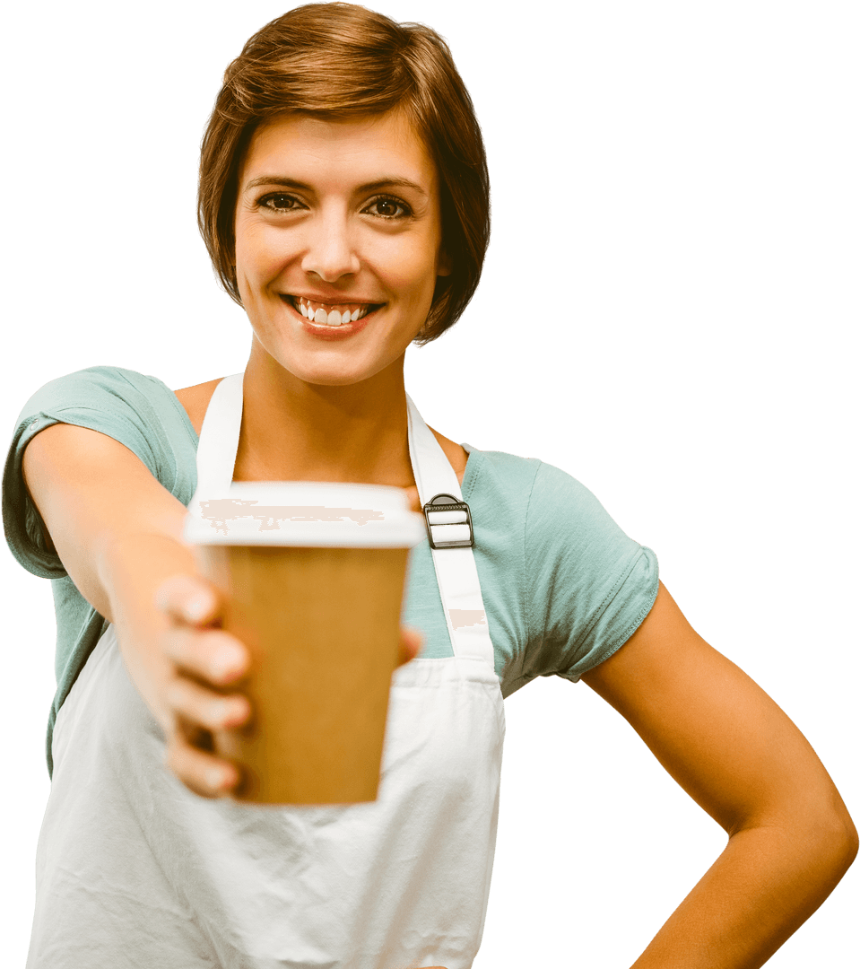 Smiling Waitress Offering Cup of Coffee with Transparent Background