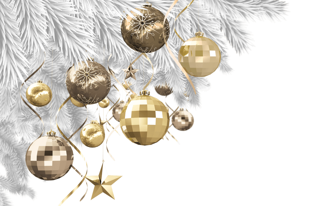 Transparent Background with Gold Christmas Ornaments and White Pine Branches
