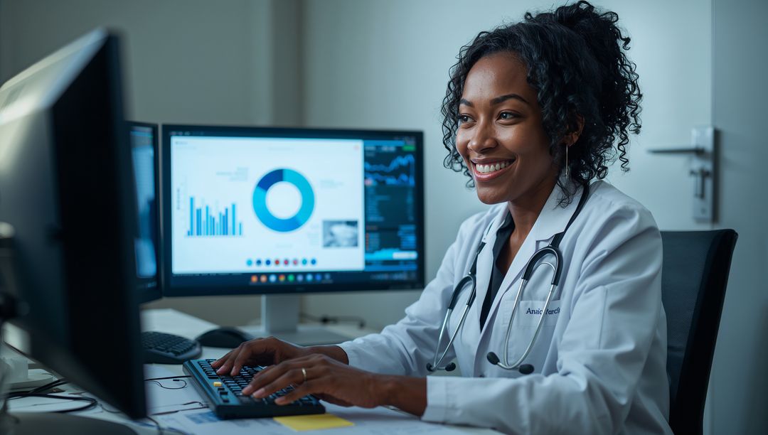 Smiling physician typing and analyzing patient data on dual monitors in medical office