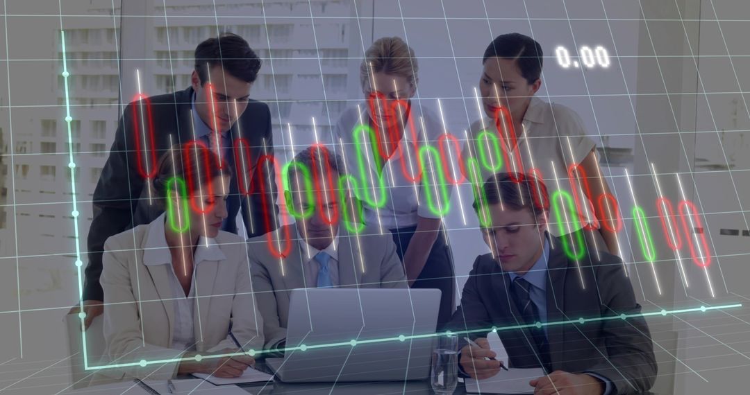 Business team analyzing candlestick stock chart overlay on laptop during boardroom meeting