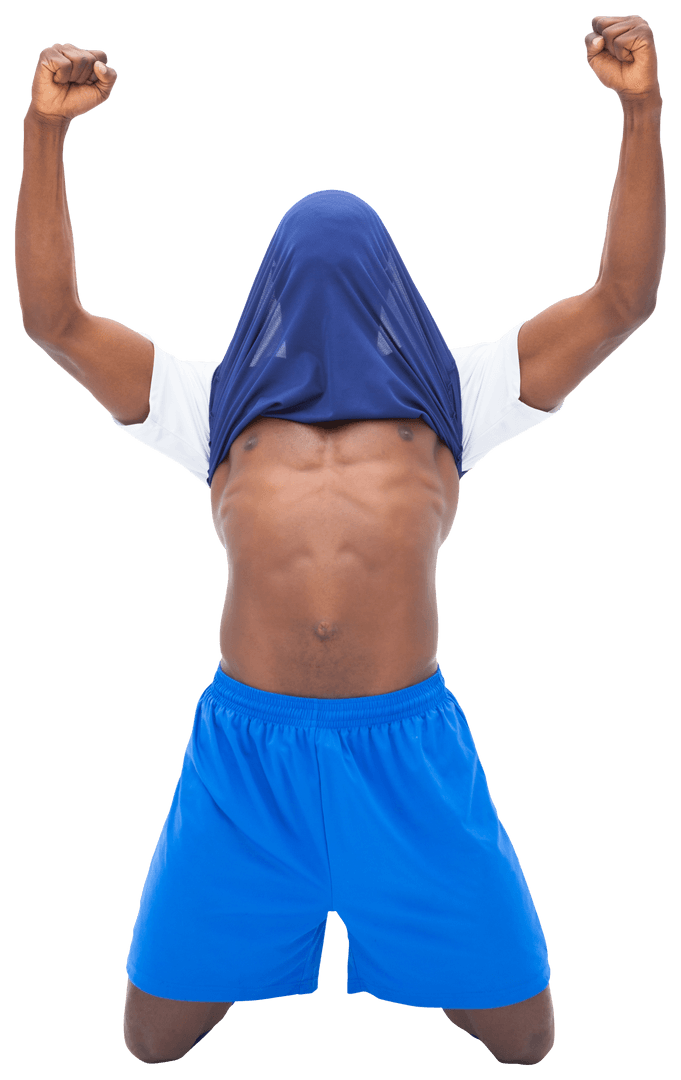 Triumphant Football Player Cheering with Transparent Shirt Overhead