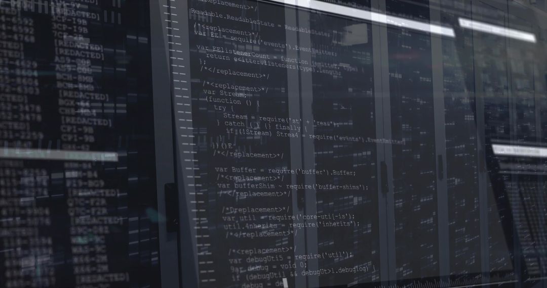 Data Center Reflection with Code Overlay and LED Indicators