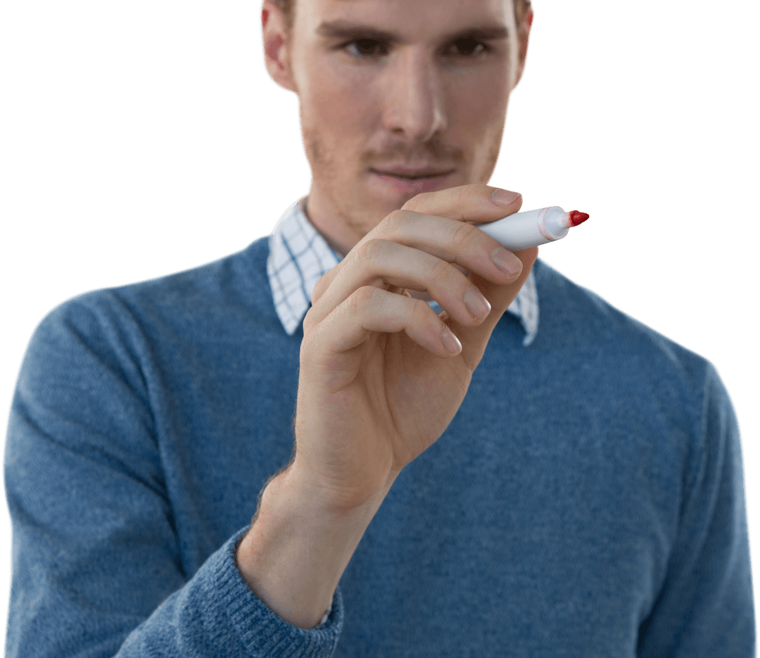 Businessman Writing on Transparent Interactive Surface