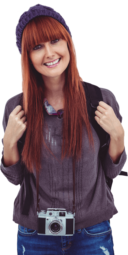 Smiling Hipster Woman with Retro Camera Transparent