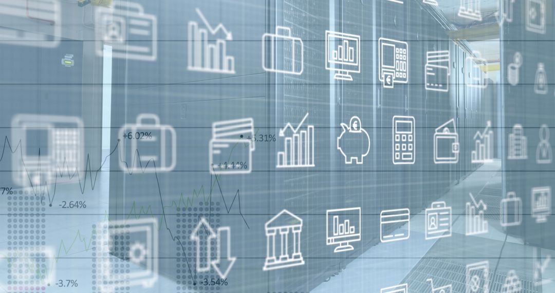 Bright Digital Overlay Icons on Data Server Background