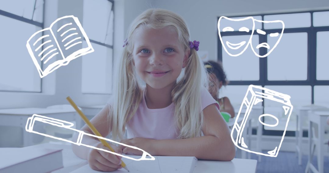 Smiling Schoolgirl at Desk with Literary Icons in Classroom