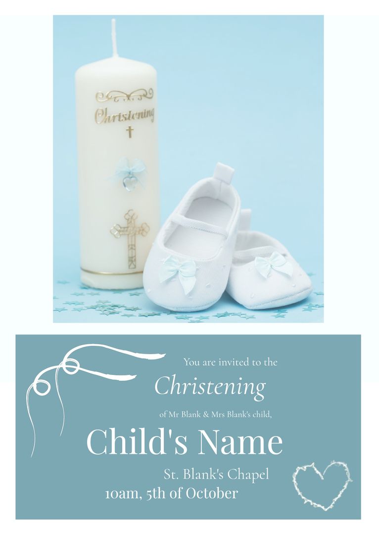 Christening Invitation Template with Candle and Baby Shoes on Blue - Download Free Stock Templates Pikwizard.com