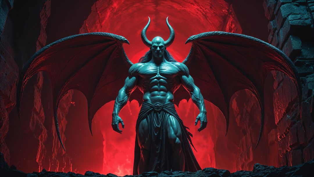 Majestic satan with horns and wings at fiery gateway