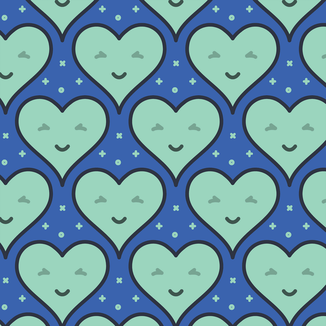 Smiling Green Heart Pattern on Blue and Transparent Background