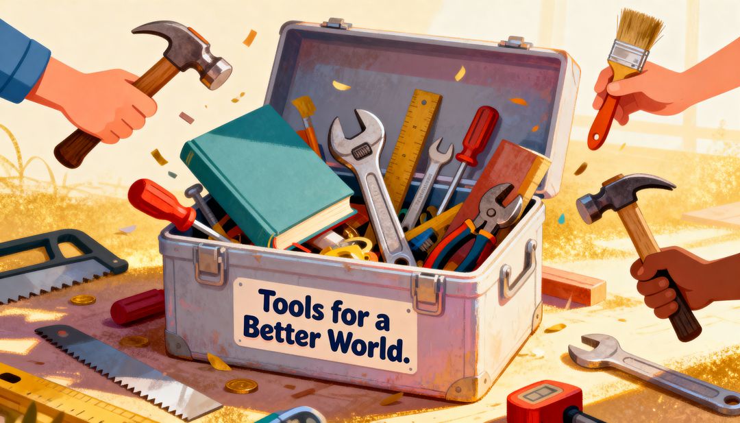 Hands Holding Hammers Circling Open Toolbox Labeled Tools for Better World