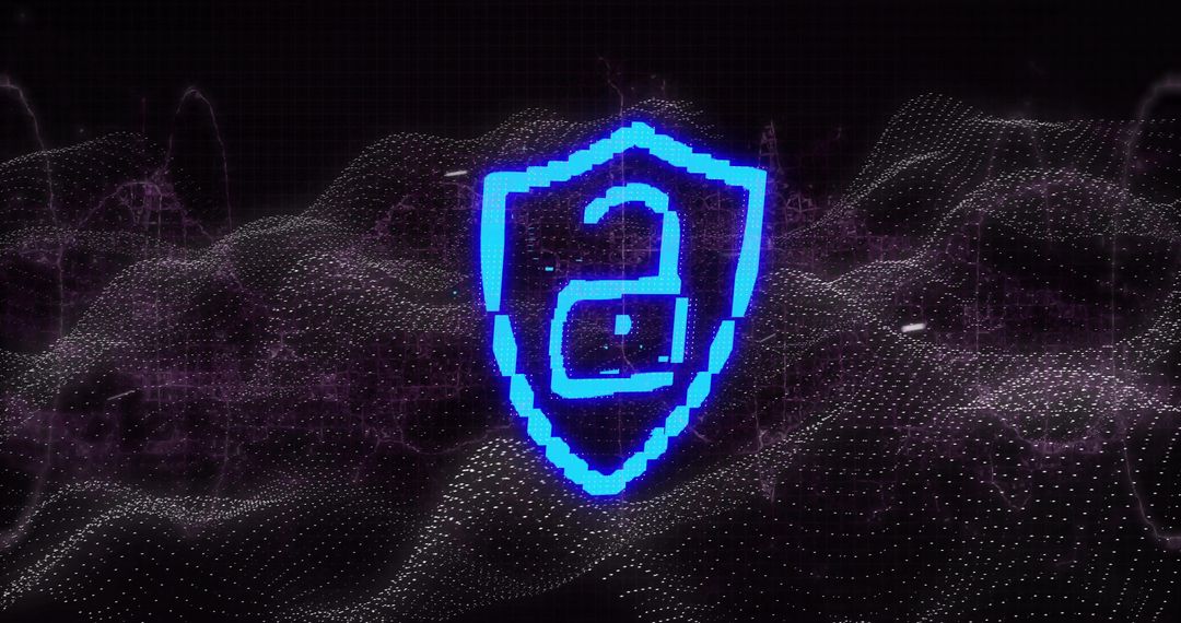 Neon Blue Pixel Shield with Lowercase A Over Digital Dot-Wave Mesh for Cybersecurity Branding
