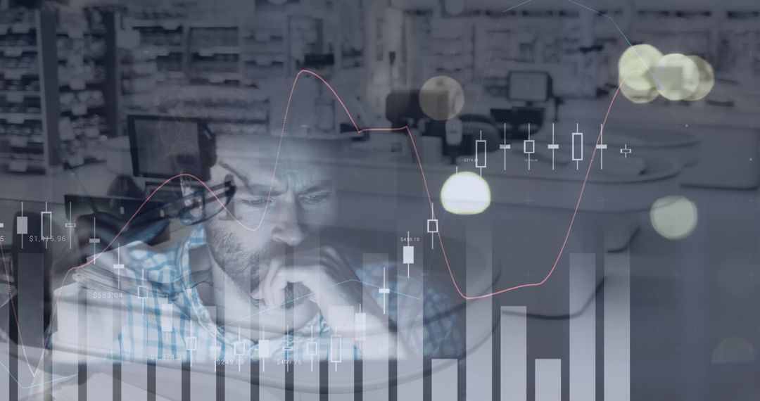 Tired Businessman Analyzing Financial Data Overlay in Office