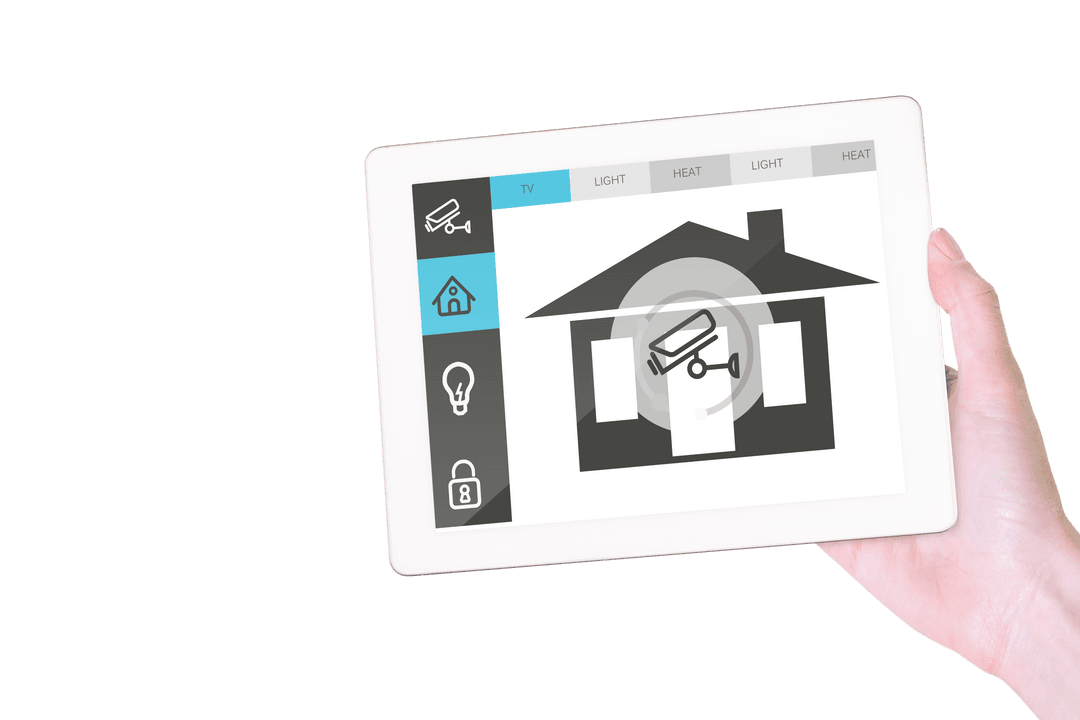 Hand Holding Tablet with Smart Home Security Interface on Transparent Background
