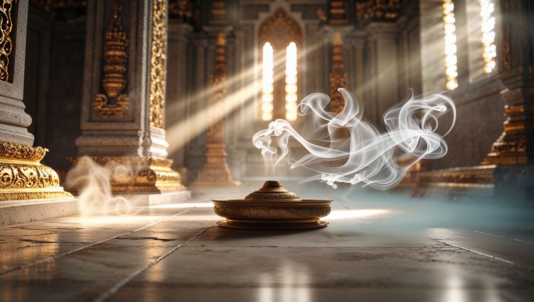 Elegant palace interior with frankincense smoke and golden accents