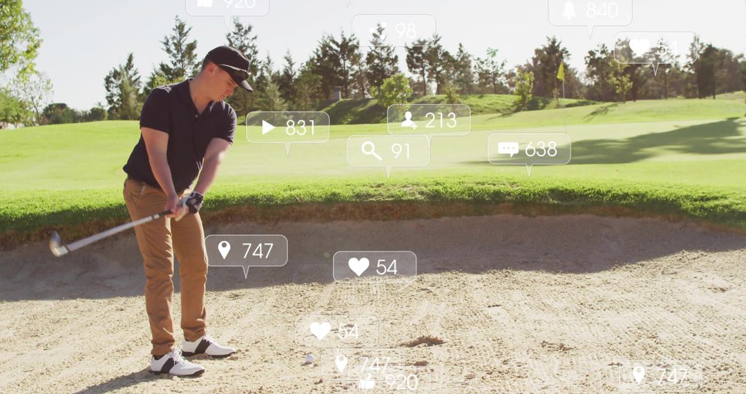 Golfer in Bunker Engaged on Social Media Overlay
