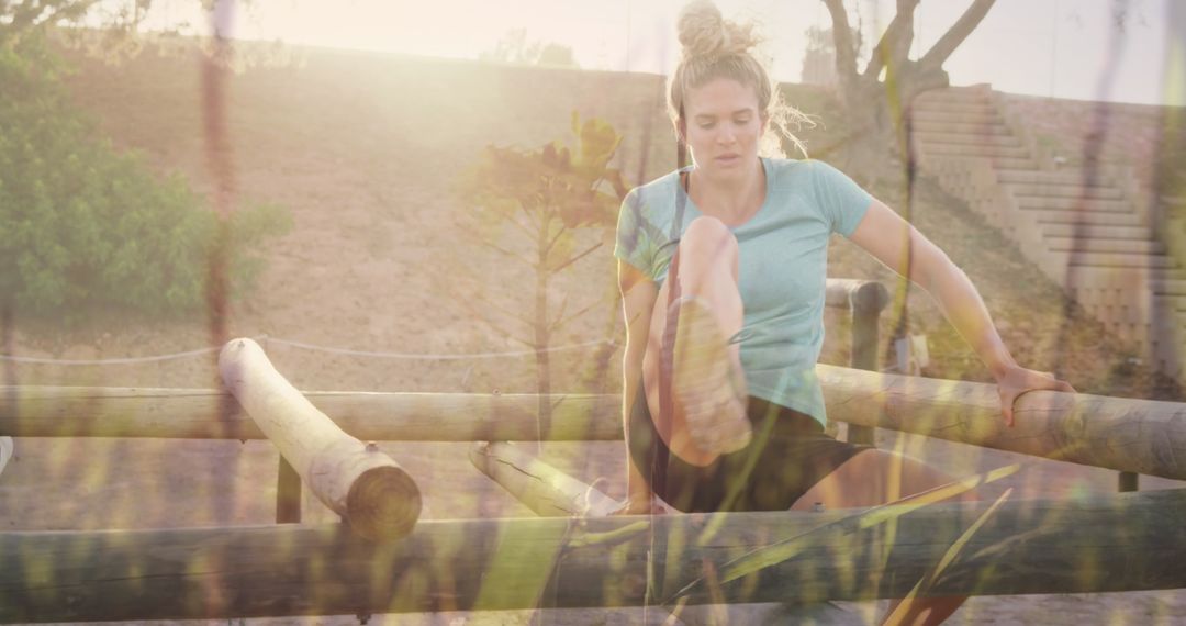 Woman Navigating Obstacle Course with Double Exposure Effect