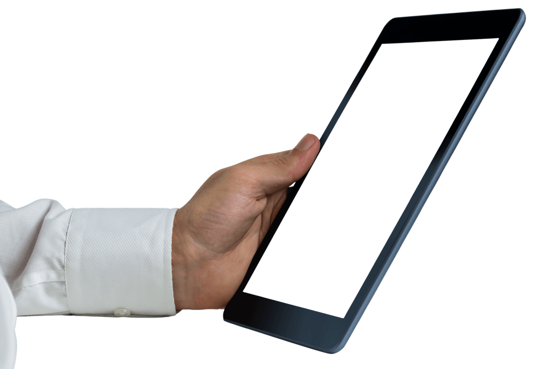 Man Holding Tablet with Copy Space Transparent Background
