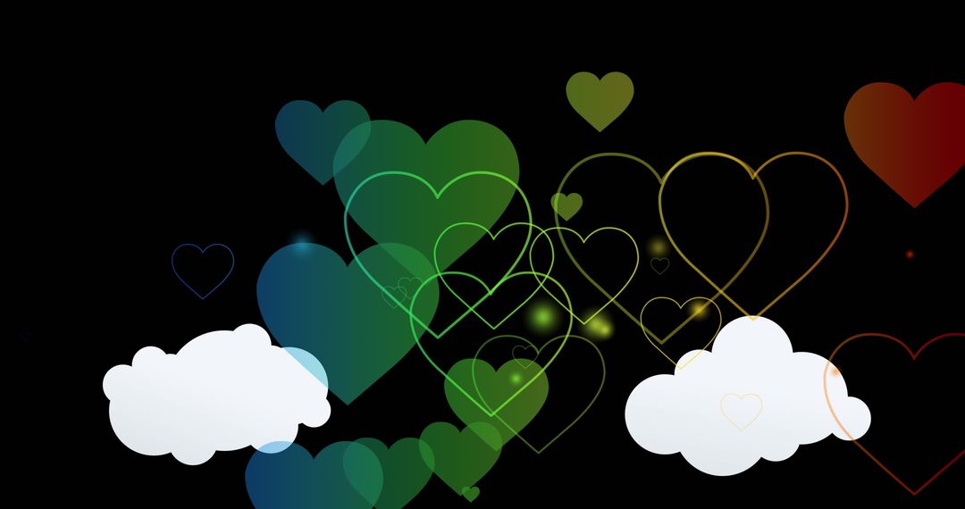Vibrant Rainbow Hearts with Clouds Over Black Background