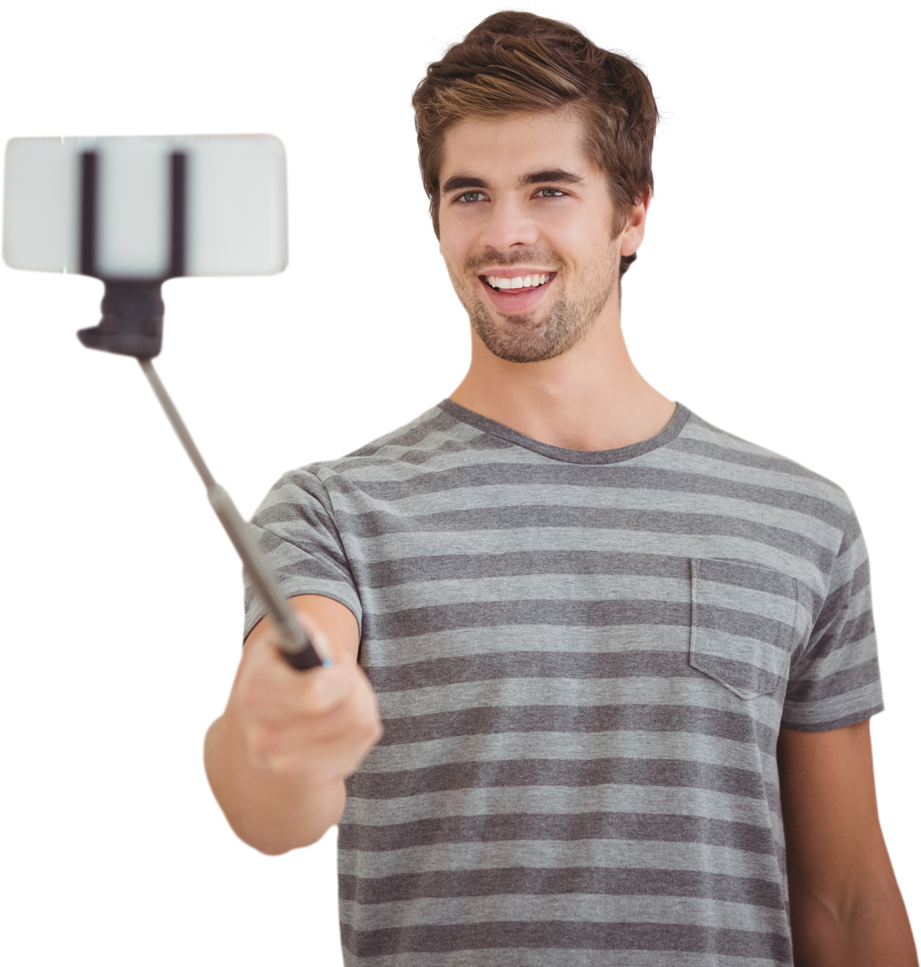 Transparent image of happy man taking selfie with phone on selfie stick - Download Free Stock Images Pikwizard.com