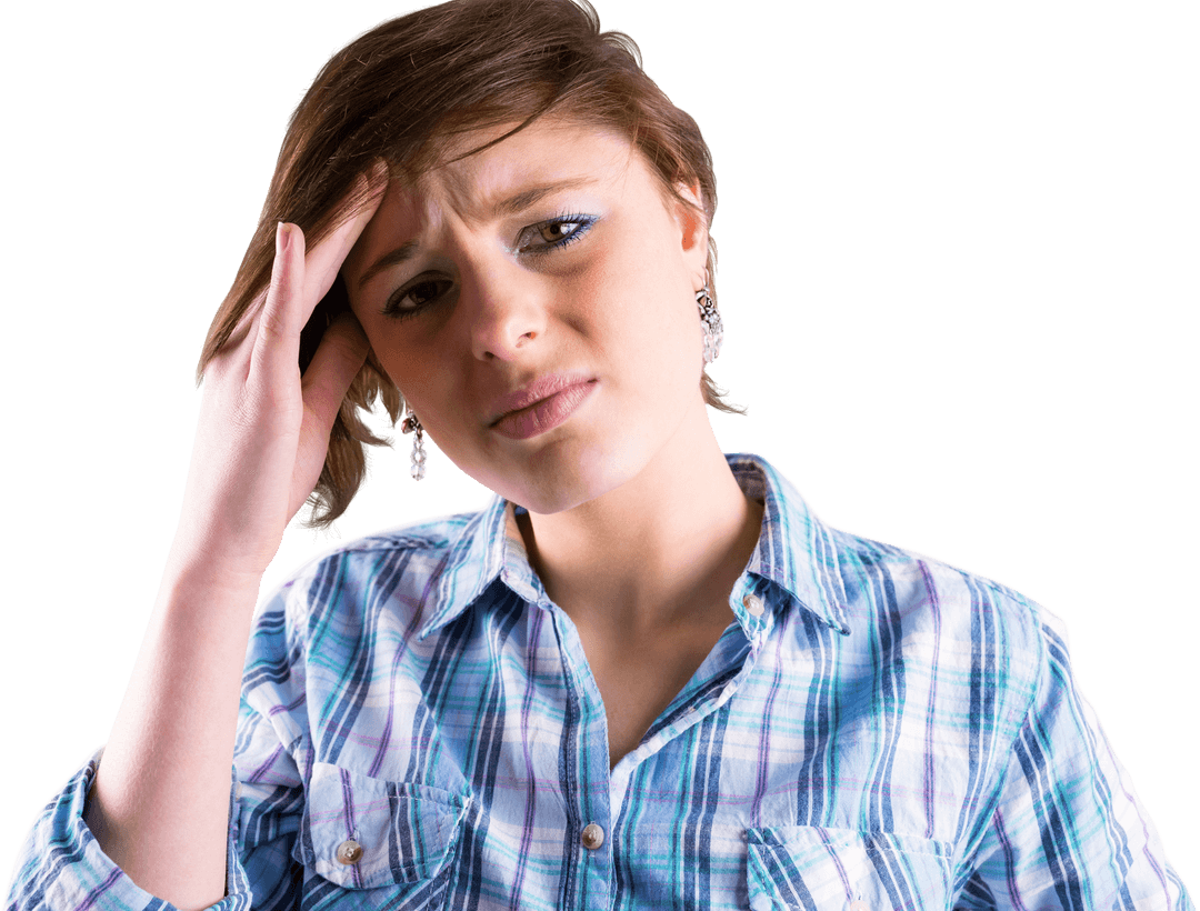Woman in Plaid Shirt Touching Head with Concerned Expression on Transparent Background