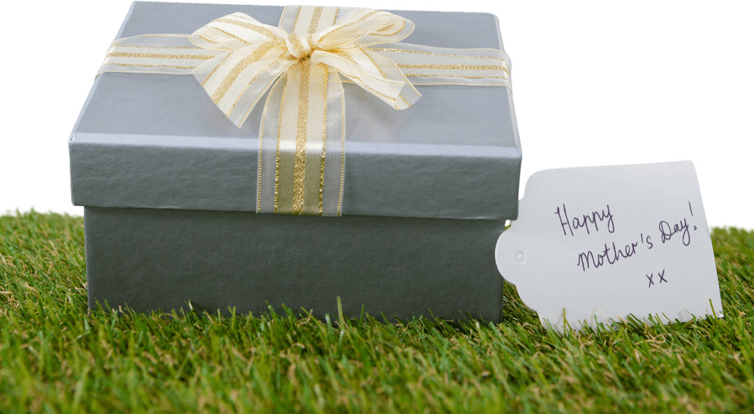 Transparent Silver Gift Box with Happy Mother's Day Tag on Grass