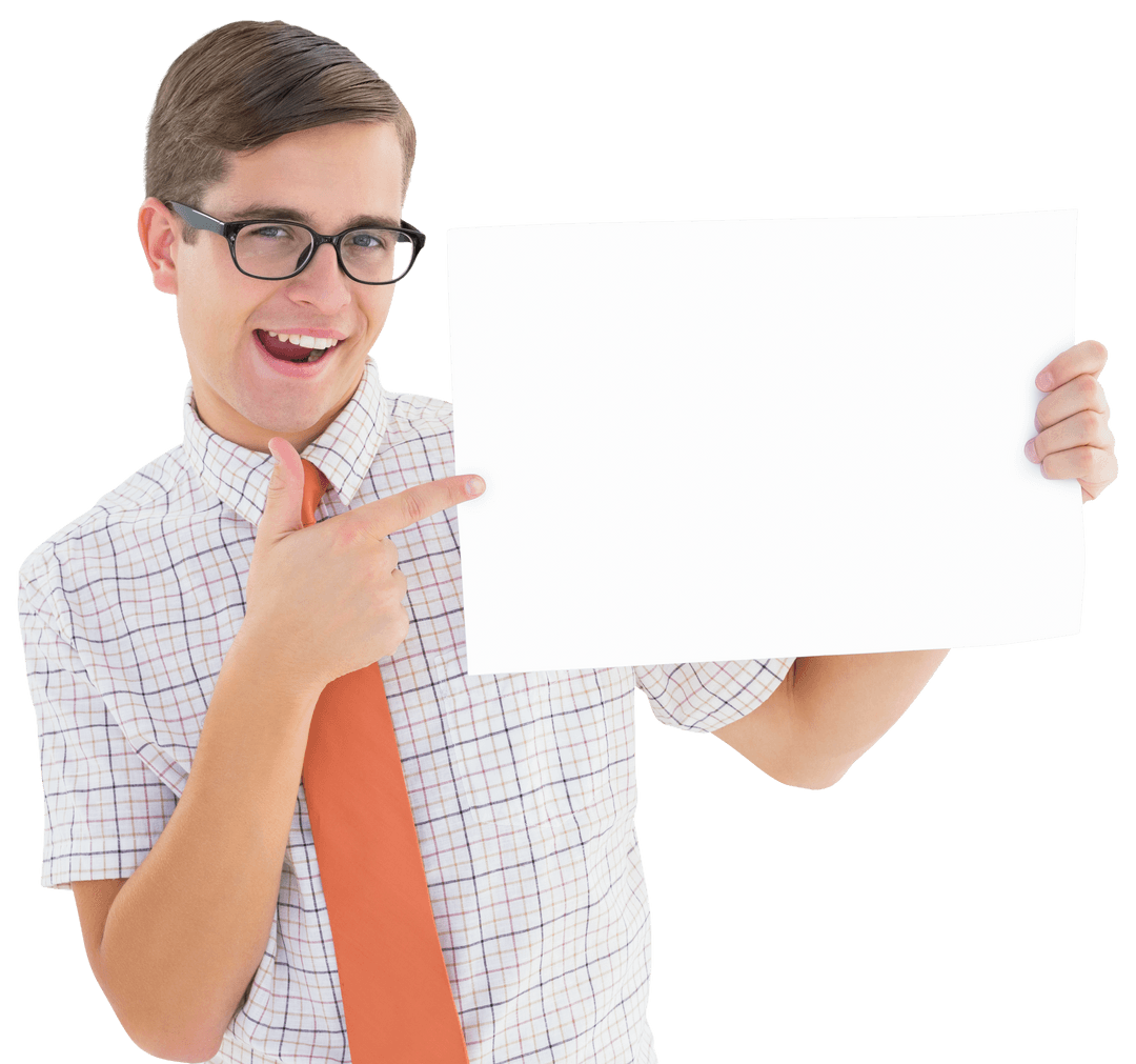 Geeky Hipster Guy Smiling with Transparent Blank White Card