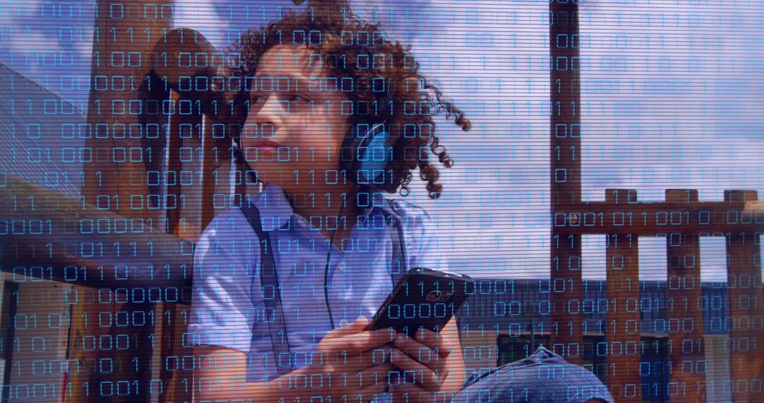 Mixed-Race Boy Using Smartphone with Data Overlay