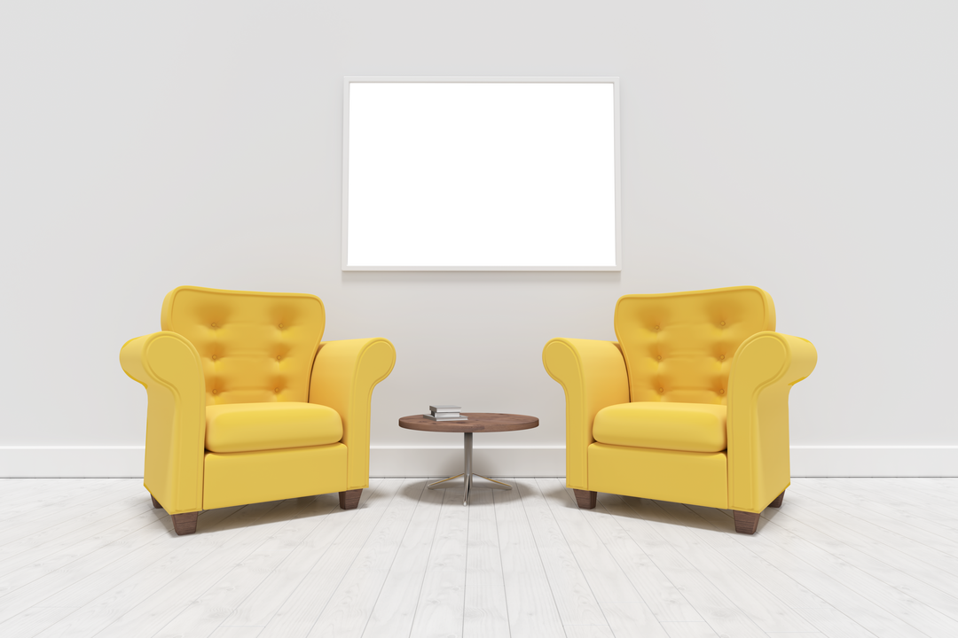 Yellow Armchairs Facing Blank Transparent Picture Frame in Minimalist Living Room - Download Free Stock Images Pikwizard.com