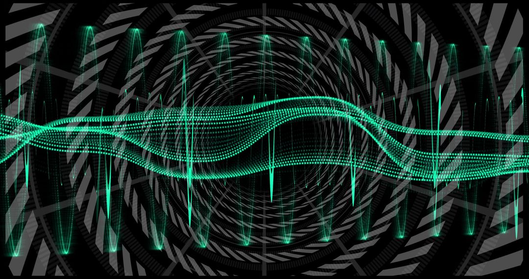 Teal Dotted Waveform Pulsing Through Futuristic Spiral Tunnel with Vertical Neon Spikes