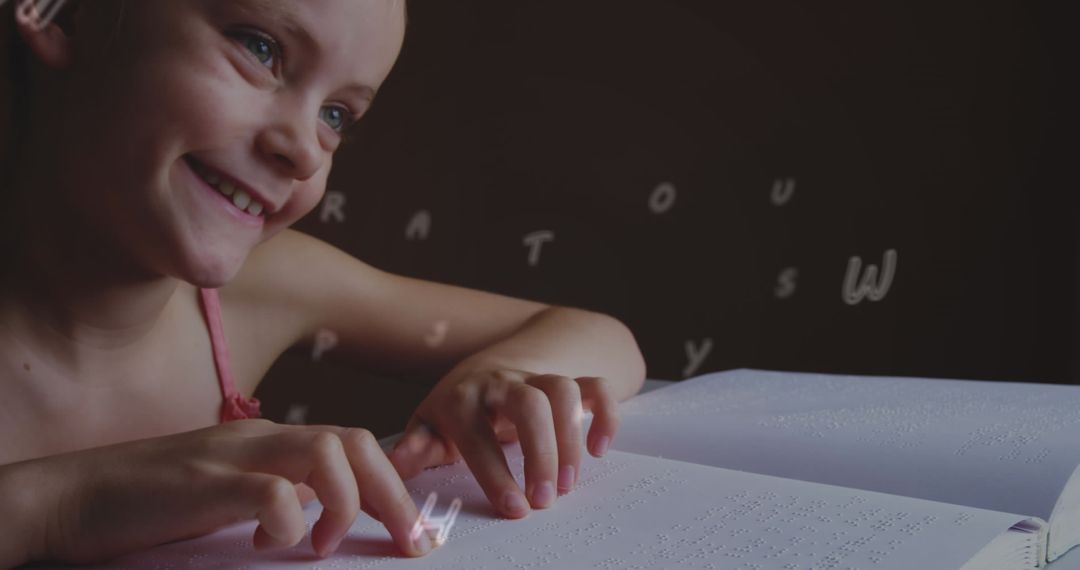 Smiling Girl Reading Braille Book with Floating Letters - Free Images, Stock Photos and Pictures on Pikwizard.com