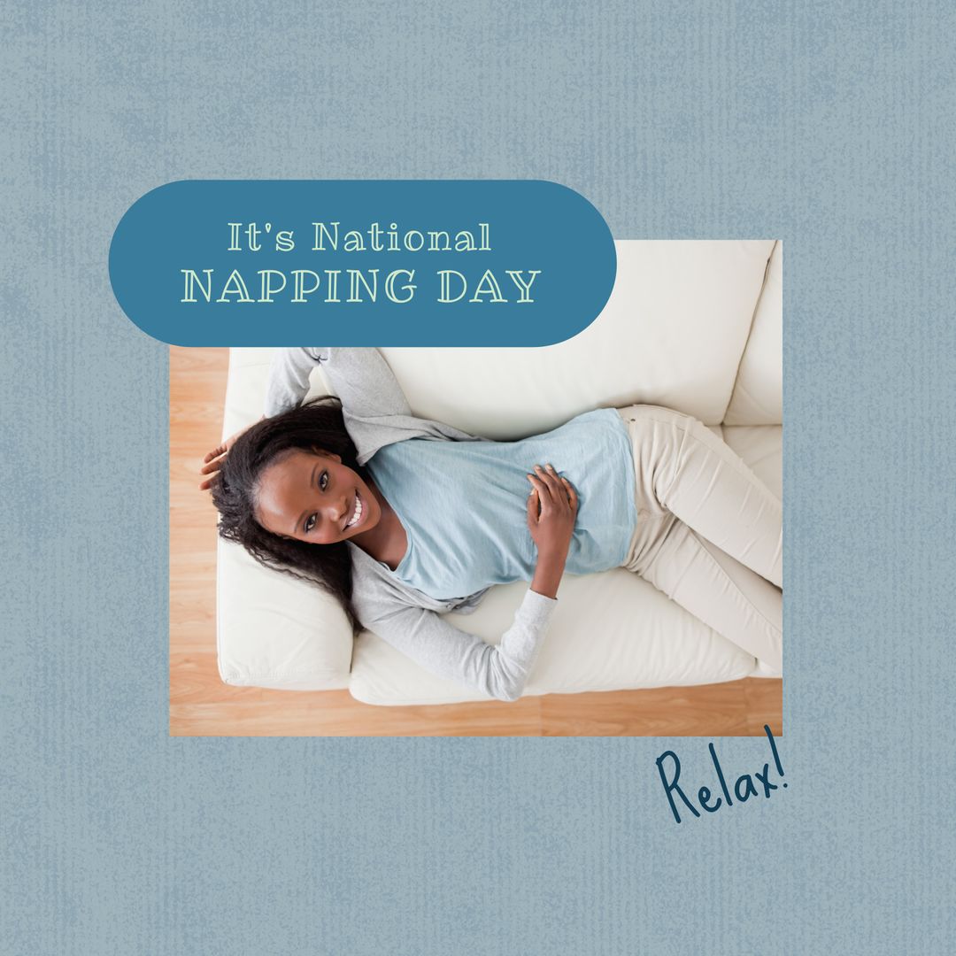 Smiling Woman Relaxing on Couch Celebrating National Napping Day
