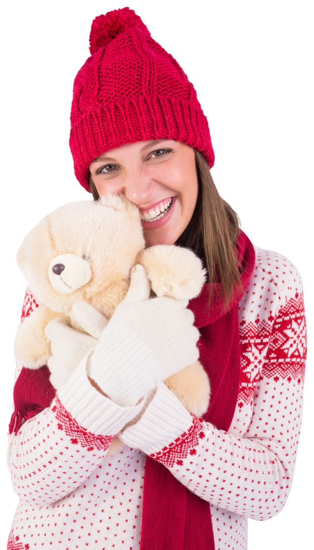 Smiling Woman in Winter Attire Hugging Plush Teddy Bear Transparent - Download Free Stock Images Pikwizard.com