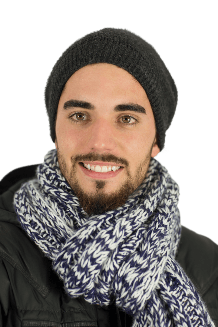 Caucasian Man Smiling in Winter Hat on Transparent Background