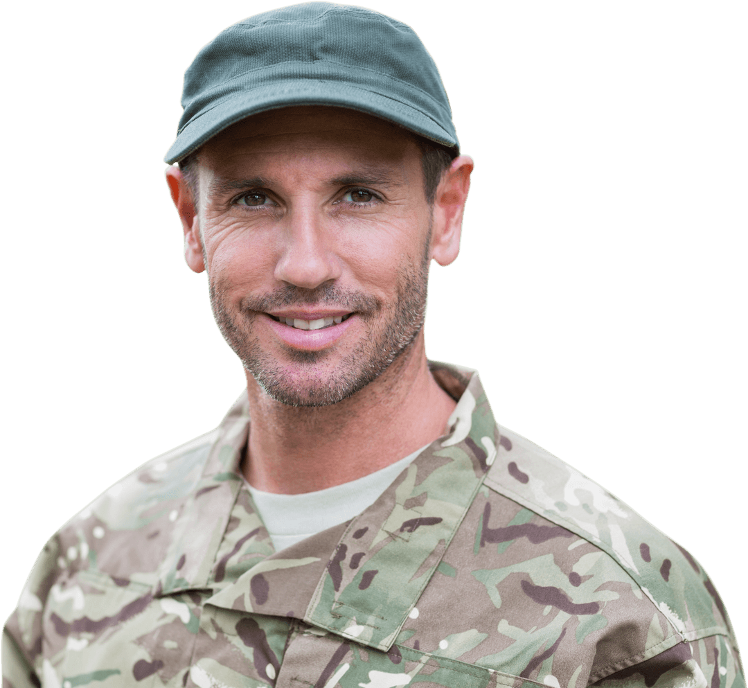Transparent Background Smiling Army Man Portrait Close-Up