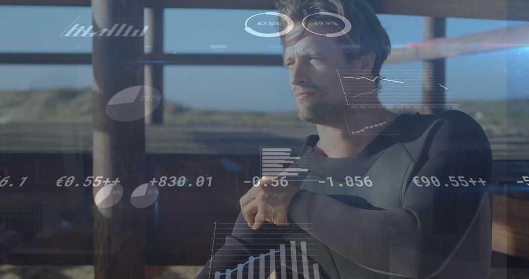 Digital Data Overlaying Portrait of Thoughtful Surfer