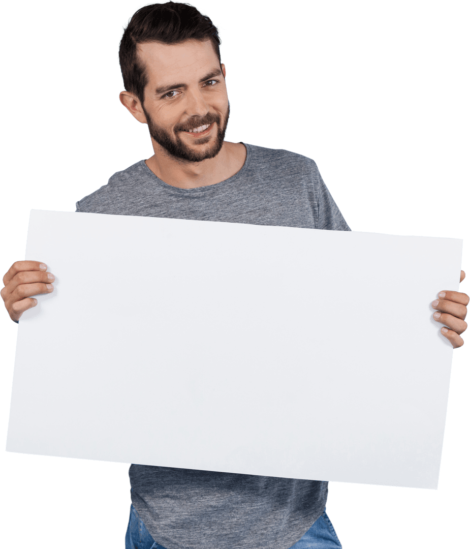 Smiling Man Holding Transparent Blank Placard