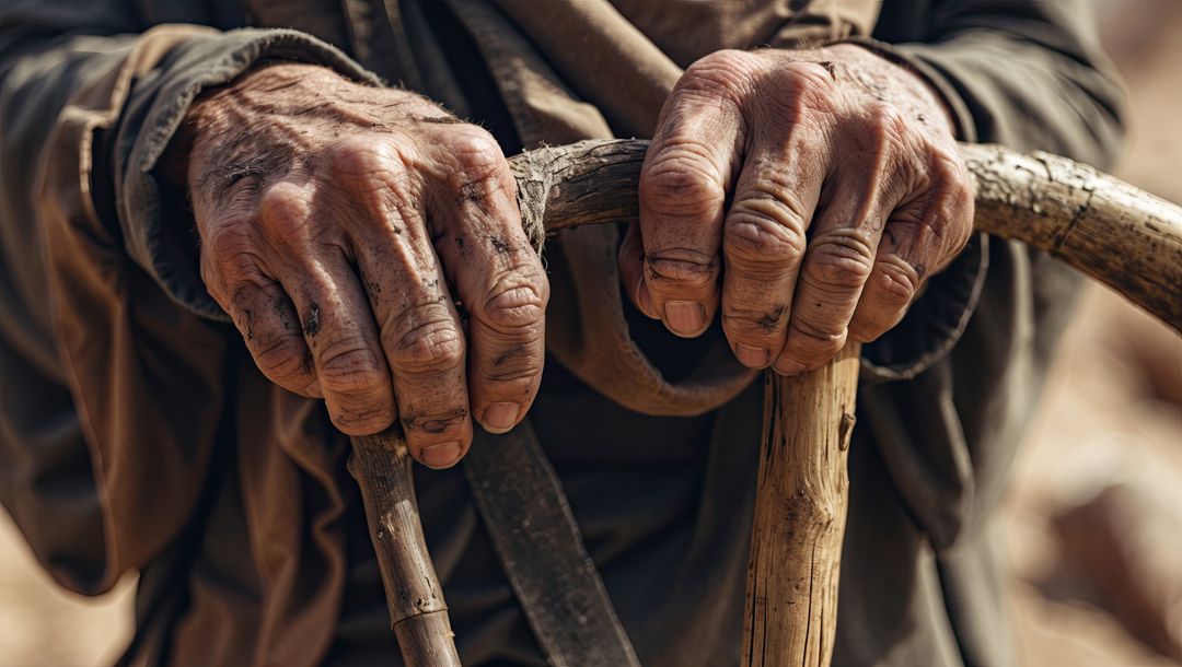 Weathered hands gripping wooden tool at farm, exodus theme