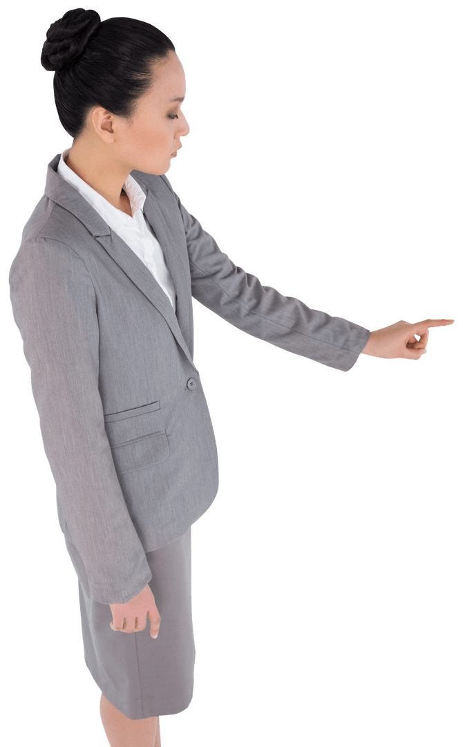 Asian businesswoman interacting with virtual display on transparent background