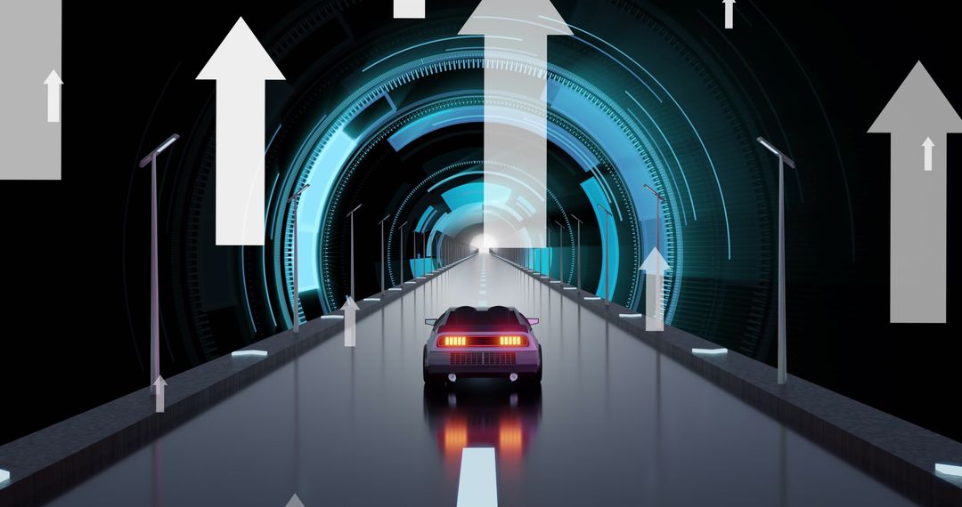 Futuristic Car Driving Through Digital Tunnel