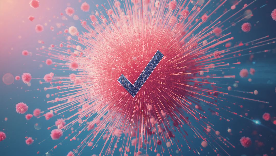 Abstract Scientific Concept with Virus and Check Mark in Digital Space