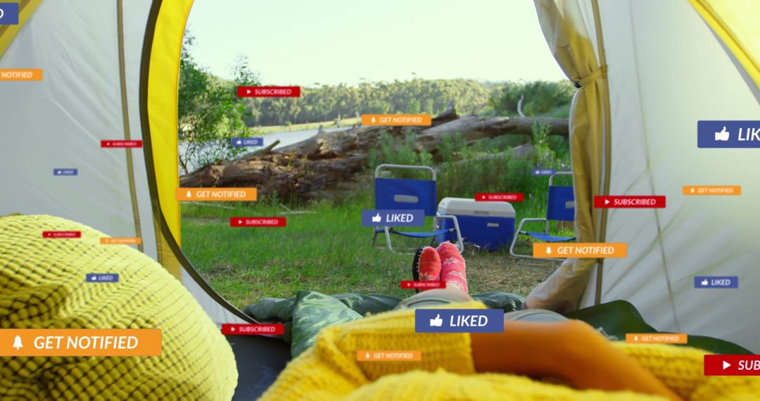 Relaxed camper enjoying peaceful morning by lakeside tent