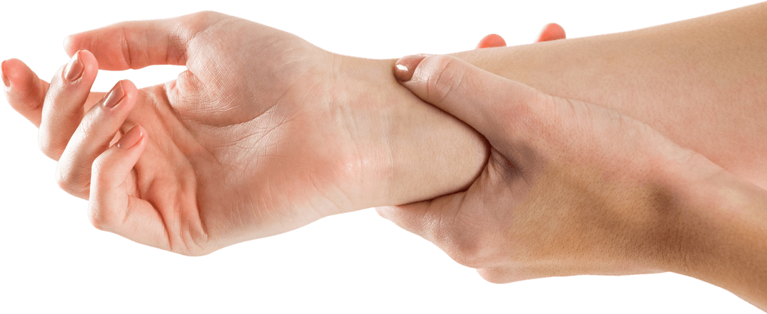 Transparent hands holding injured wrist isolated on white