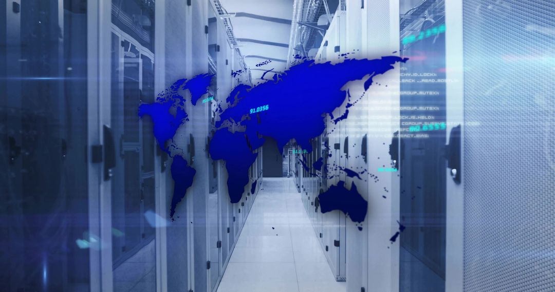 Digital World Map Overlay on Data Center Corridor Lights