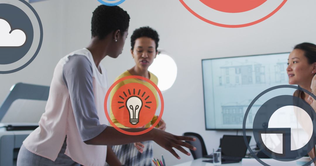 Diverse Business Team Collaborating with Digital Interface Graphics