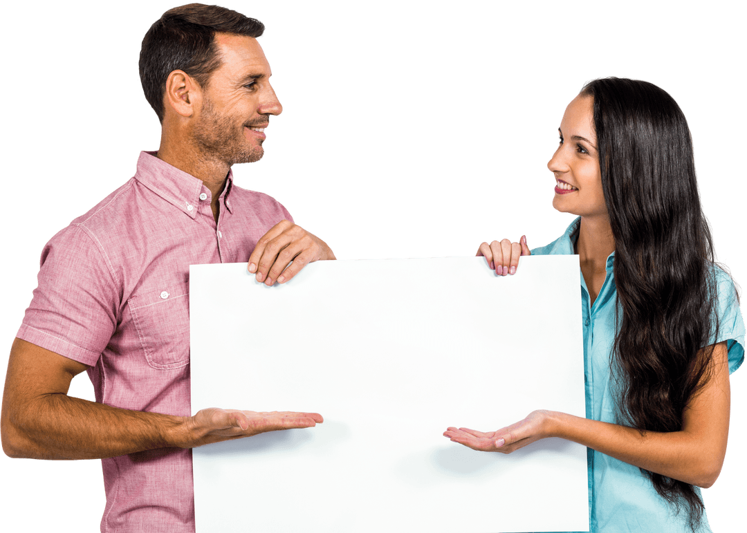 Smiling Couple Holding Blank White Sign on Transparent Background